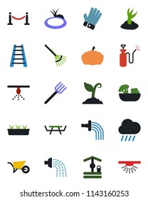 Color and black flat icon set - fence vector, farm fork, rake, ladder, wheelbarrow, watering, sproute, glove, seedling, rain, well, pumpkin, pond, picnic table, garden sprayer, salad, sprinkler