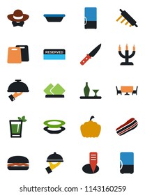 Color and black flat icon set - plant label vector, pumpkin, fridge, alcohol, reserved, phyto bar, plates, bacon, waiter, candle, cafe table, dress code, hamburger, bowl, rolling pin, cutting board