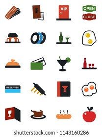 Color and black flat icon set - alcohol vector, wine card, reserved, reception, cocktail, plates, bacon, bread, cafe building, vip zone, open close, credit, restaurant receipt, chicken, rolling pin