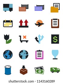 Color and black flat icon set - route vector, earth, plane, cash, cargo container, term, receipt, consolidated, clipboard, folder document, fragile, up side sign, no trolley, tulip, package, moving