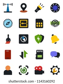 Color and black flat icon set - antenna vector, phone back, message, mobile camera, protect, themes, user, bell, scanner, sd, sim, data exchange, torch, place tag, compass, eye id, fingerprint