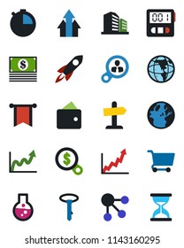 Color and black flat icon set - stopwatch vector, consumer search, arrow up graph, rocket, wallet, pennon, earth, growth, money, cart, flask, cash, social media, tie, office building, guidepost