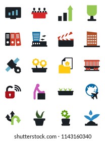 Color and black flat icon set - baby room vector, plane globe, airport building, growth statistic, monitor, seedling, route, railroad, satellite, fragile, clapboard, paper binder, meeting
