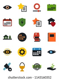 Color and black flat icon set - sun vector, eye, satellite, favorites list, protect, network, calendar, brightness, id, fingerprint, copybook, book, house with tree, sweet home, egg stand
