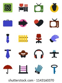 Color and black flat icon set - right arrow vector, office chair, case, desk, fence, glove, real heart, umbrella, headphones, abacus, tie, tv, restaurant table, dress code, chip