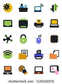 Color and black flat icon set - wireless notebook vector, lock, mouse, pc, printer, virus, folder document, touch screen, laptop, share, hdmi, data exchange, manager desk, chip, home control app