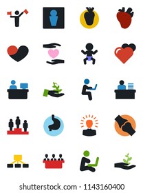 Color and black flat icon set - dispatcher vector, male, baby, pedestal, manager place, heart, hand, stomach, real, joint, desk, meeting, palm sproute, shining head, hierarchy, man with notebook