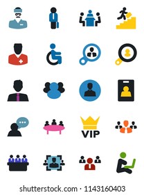 Color and black flat icon set - vip vector, team, meeting, disabled, doctor, speaker, group, user, identity card, hr, manager, career ladder, client search, estate agent, consumer, man with notebook