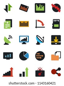 Color and black flat icon set - bomb in case vector, growth statistic, crisis graph, monitor, diagnosis, folder document, barcode, satellite antenna, scanner, sd, network, data exchange, download