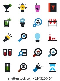 Color and black flat icon set - document search vector, bulb, blood test vial, heart diagnostic, torch, estate, client, alcohol, wine card, drink, cocktail, phyto bar, energy saving, consumer, idea