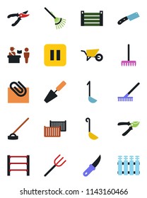 Color and black flat icon set - passport control vector, trowel, farm fork, rake, wheelbarrow, pruner, hoe, garden knife, cargo container, rack, pause button, paper clip, ladle, radiator