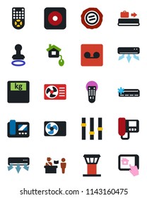 Color and black flat icon set - airport tower vector, baggage conveyor, passport control, stamp, scales, settings, remote, rec button, record, air conditioner, home, intercome, app