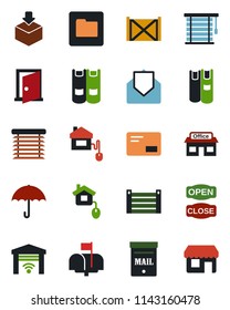 Color and black flat icon set - book vector, store, container, umbrella, package, mail, folder, mailbox, open close, home control, jalousie, garage gate, door, storefront