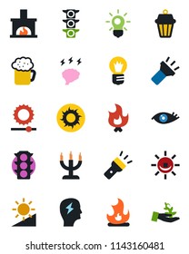 Color and black flat icon set - brainstorm vector, bulb, fire, sun, eye, traffic light, torch, brightness, fireplace, beer, candle, outdoor lamp, alarm led, palm sproute