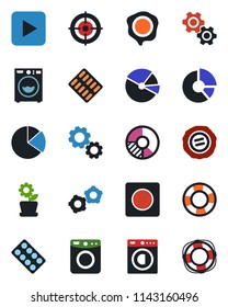 Color and black flat icon set - gear vector, circle chart, stamp, pills blister, play button, record, pie graph, target, washer, flower in pot, crisis management