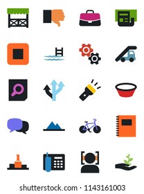 Color and black flat icon set - ladder car vector, case, document search, bike, route, finger down, stop button, message, torch, face id, copybook, news, office phone, pool, mountains, alcove, bowl