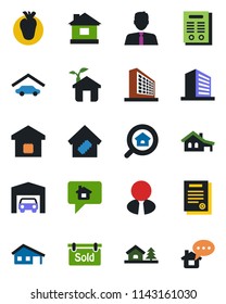 Color and black flat icon set - office building vector, house, real heart, contract, with garage, tree, sold signboard, estate search, agent, smart home, eco, message