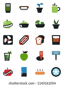 Color and black flat icon set - hot cup vector, seedling, plant label, diet, fridge, drink, phyto bar, salad, bread, dog, apple fruit, fan