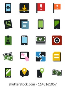 Color and black flat icon set - mobile phone vector, identity card, document, important flag, cash, tracking, cell, camera, download, application, restaurant receipt, home control app