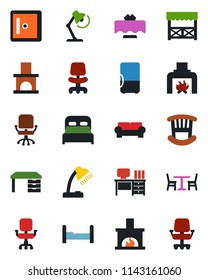 Color and black flat icon set - cafe vector, checkroom, office chair, desk, fireplace, lamp, bedroom, children room, cushioned furniture, restaurant table, alcove, fridge