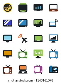 Color and black flat icon set - plane radar vector, wireless notebook, pc, statistic monitor, tv, laptop, hdmi, statistics, intercome