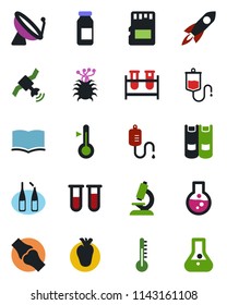 Color and black flat icon set - satellite antenna vector, book, blood test vial, dropper, microscope, ampoule, real heart, joint, virus, sd, thermometer, rocket, flask