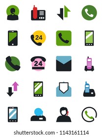 Color and black flat icon set - phone vector, mobile, office, 24 hours, support, cell, radio, mail, call, data exchange
