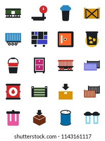Color and black flat icon set - trash bin vector, checkroom, bucket, railroad, truck trailer, cargo container, consolidated, package, oil barrel, heavy scales, archive box, water filter