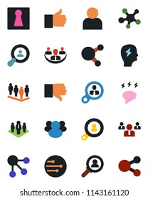 Color and black flat icon set - female vector, team, brainstorm, share, group, finger up, down, user, network, company, client search, consumer, social media