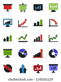 Color and black flat icon set - growth statistic vector, presentation board, crisis graph, monitor, circle chart, statistics, bar, pie, point, arrow up