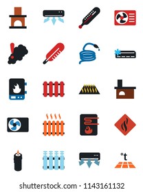 Color and black flat icon set - hose vector, fireplace, thermometer, heater, air conditioner, candle, water, smoke detector, radiator, warm floor