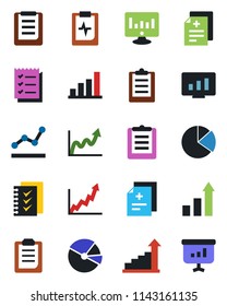 Color and black flat icon set - growth statistic vector, monitor, diagnosis, pulse clipboard, bar graph, pie, checklist, point, presentation
