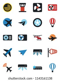 Color and black flat icon set - plane vector, airport tower, radar, wind, helicopter, air conditioner, fan, paper, balloon