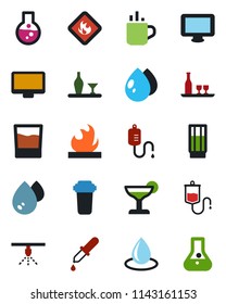 Color and black flat icon set - hot cup vector, water drop, dropper, flammable, monitor, alcohol, drink, cocktail, filter, sprinkler, flask