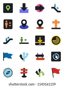 Color and black flat icon set - elevator vector, escalator, signpost, right arrow, radar, route, pin, download, place tag, compass, flag