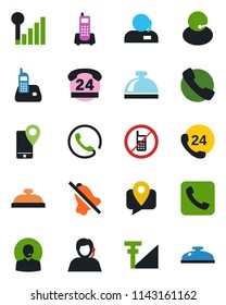 Color and black flat icon set - no mobile vector, reception bell, office phone, 24 hours, support, tracking, radio, call, mute, cellular signal