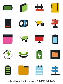 Color and black flat icon set - signpost vector, notepad, presentation board, wheelbarrow, battery, low, folder, charge, blank box, plates, guidepost