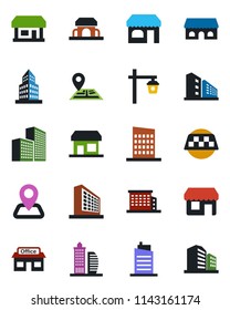 Color and black flat icon set - taxi vector, shop, office building, garden light, navigation, store, city house, cafe, storefront