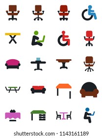 Color and black flat icon set - cafe vector, waiting area, disabled, office chair, desk, picnic table, cushioned furniture, restaurant, man with notebook