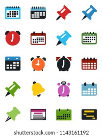 Color and black flat icon set - alarm clock vector, drawing pin, calendar, term, paper, bell, schedule