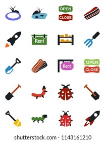 Color and black flat icon set - job vector, garden fork, shovel, lady bug, caterpillar, pond, rack, rent, bacon, open close, rocket