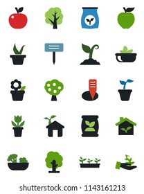 Color and black flat icon set - flower in pot vector, seedling, tree, sproute, plant label, fertilizer, fruit, salad, apple, eco house, palm