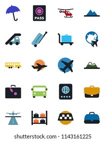 Color and black flat icon set - runway vector, taxi, suitcase, baggage trolley, airport bus, umbrella, passport, ladder car, helicopter, luggage storage, plane globe, mountains, case