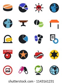 Color and black flat icon set - no laptop vector, ticket office, globe, document reload, pills, diet, earth, pie graph, table, police, alarm led