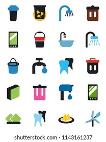Color and black flat icon set - trash bin vector, shower, bucket, tooth, mobile, blank box, water supply, bathroom, serviette, filter, windmill