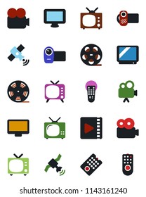 Color and black flat icon set - tv vector, reel, satellite, video camera, remote control, monitor