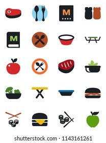 Color and black flat icon set - spoon and fork vector, picnic table, cafe, menu, salad, salt pepper, steak, hamburger, bowl, sushi, apple fruit