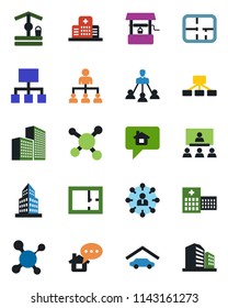 Color and black flat icon set - hierarchy vector, well, molecule, hospital, office building, garage, plan, home message