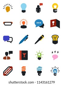 Color and black flat icon set - speaking man vector, pen, brainstorm, bulb, dialog, wine card, hot dog, energy saving, shining head, idea