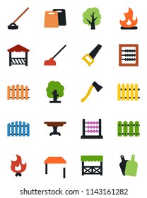 Color and black flat icon set - fence vector, tree, saw, fire, hoe, axe, abacus, table, alcove, cutting board